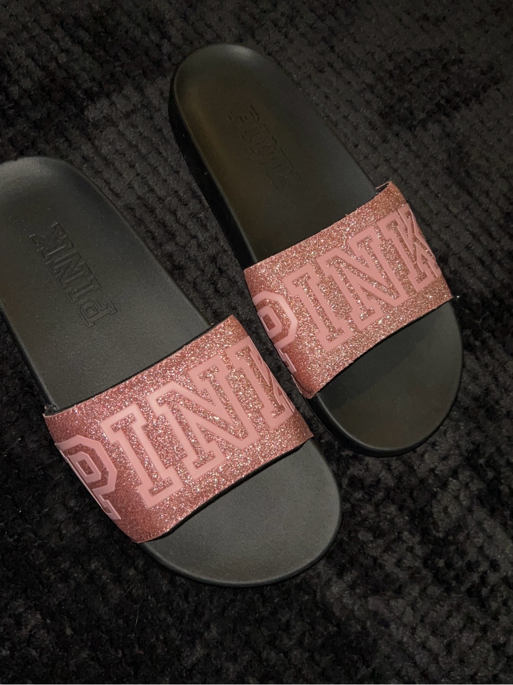 PINK Victoria's Secret Black Footbed Slide Sandals with Pink Strap